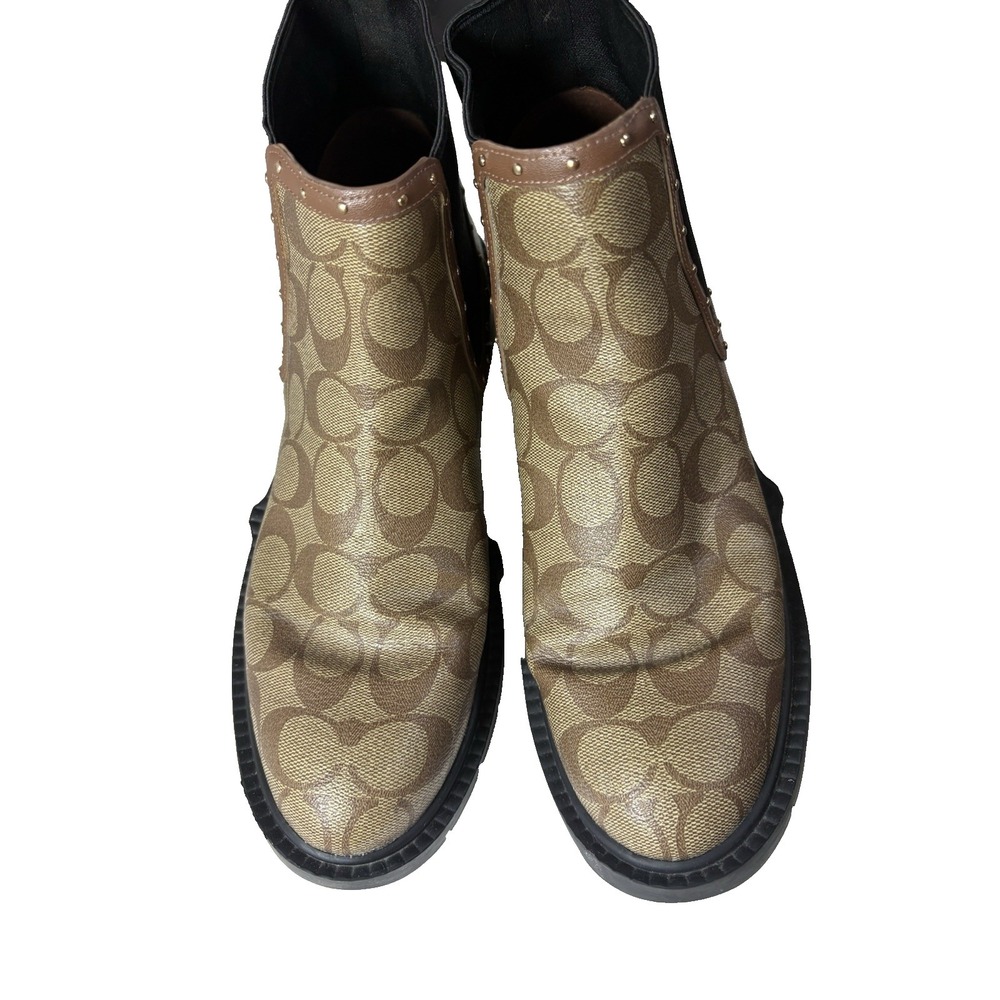 COACH Lory Boot Signature Canvas Khaki Black Chelsea Boots C5951 Women Size 9.5B